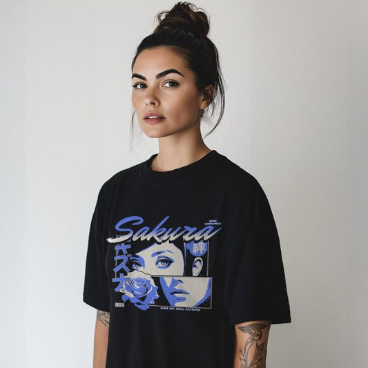 girl wearing a black oversized t shirt form coldrelics.com with sakura design