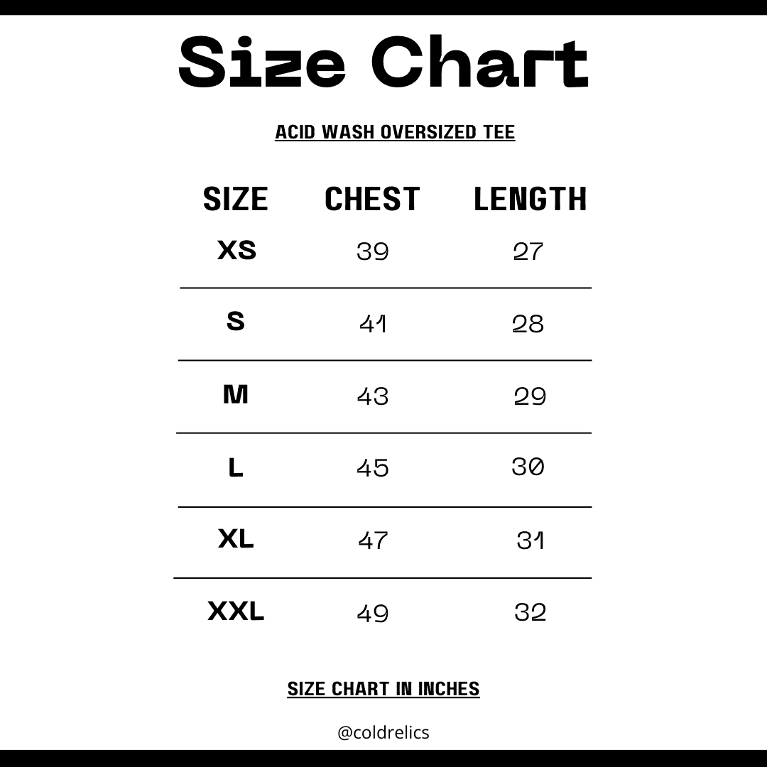 Size chart for acid wash oversized tee with chest and length measurements in inches.