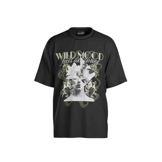 Black t-shirt with graphic design and text on a solid background