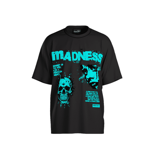 Electric Blue Madness Classic Oversized Tee featuring bold electric blue skull and face graphic on black 240 GSM cotton. Streetwear oversized fit.