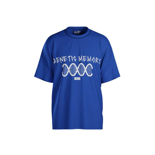 Blue t-shirt with 'Genetic Memory' and DNA graphic on a white background