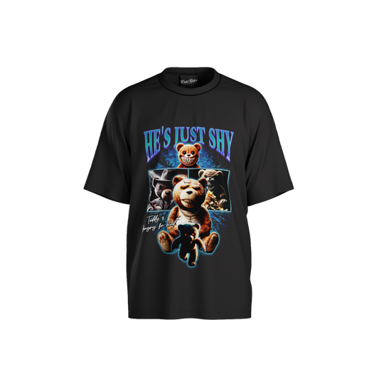 Black t-shirt with teddy bear graphic and text 'He's Just Shy' on a white background