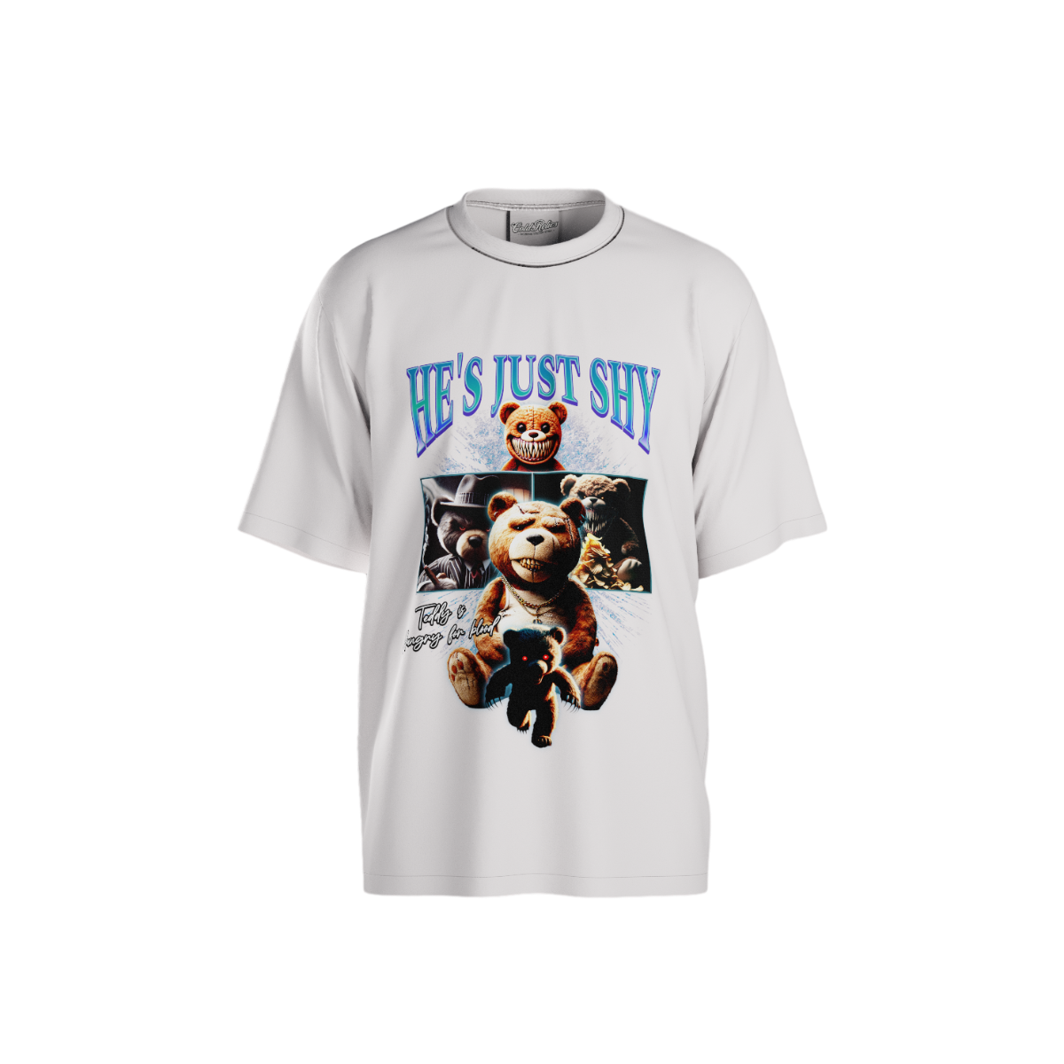 White t-shirt with teddy bear graphic and text on a white background