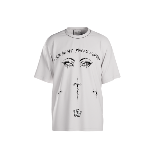 White t-shirt with black graphic design and text on a white background