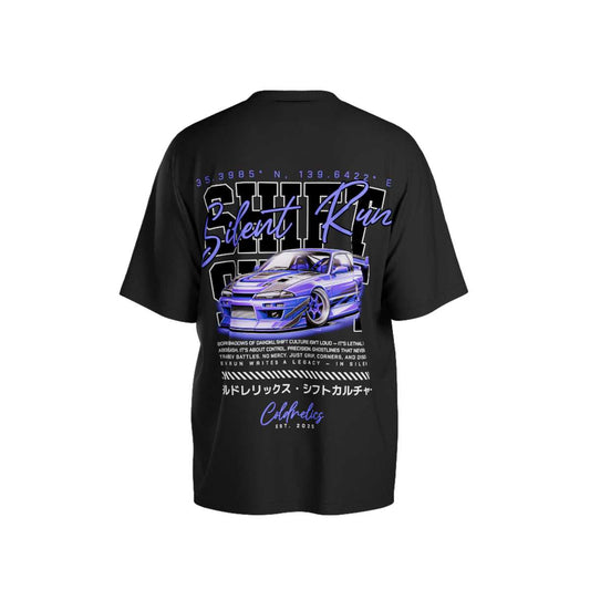 Black t-shirt with a car graphic and text on a white background