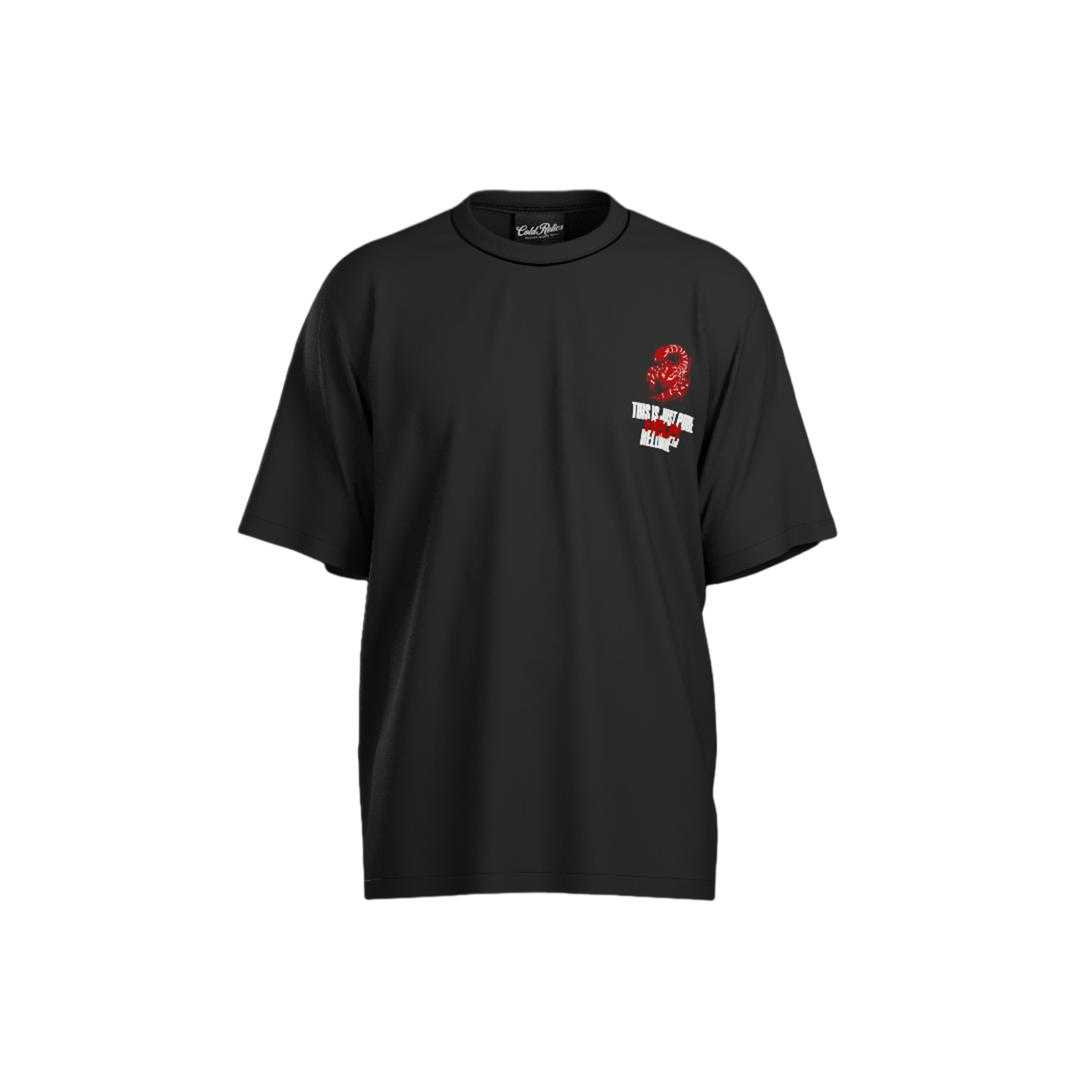 Black t-shirt with a red and white logo on a white background