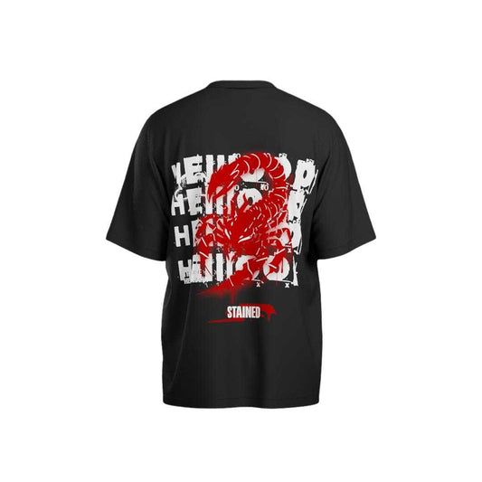 Black t-shirt with red and white graphic design on a white background