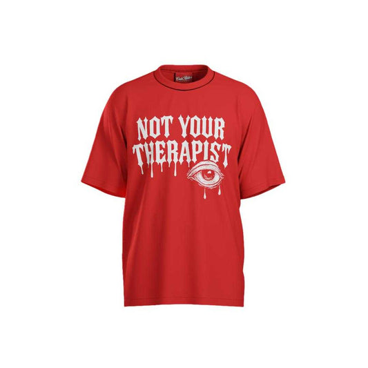 Red t-shirt with 'Not Your Therapist' text and eye graphic on a white background