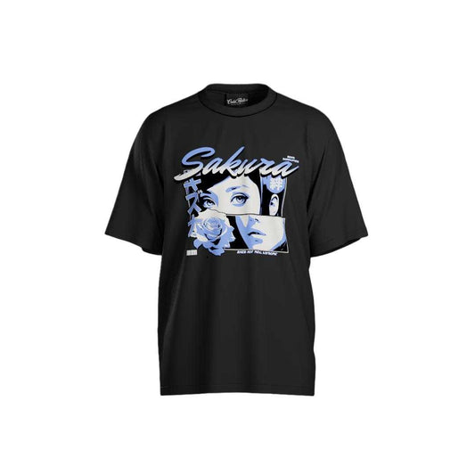 Black t-shirt with graphic design and 'Sakura' text on a white background