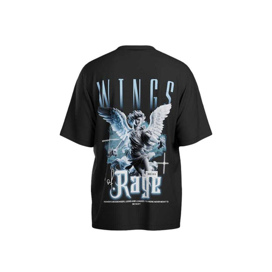 Wings of Rage Oversized Tee in heavyweight cotton featuring angel with guns graphic. Premium streetwear t-shirt made in India by Coldrelics.