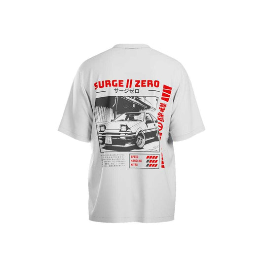 White t-shirt with graphic design and text on a white background