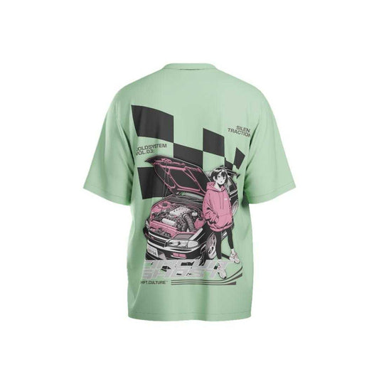 Light green t-shirt with graphic design on a white background