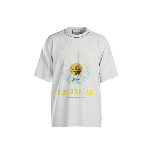 White t-shirt with a daisy graphic and text on a white background