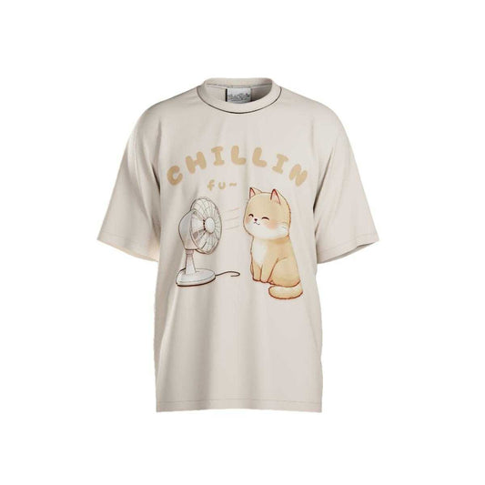 Oversized cotton tee with minimal graphic of a cat and fan, labeled 'CHILLIN fun'. Relaxed fit ideal for casual streetwear style.