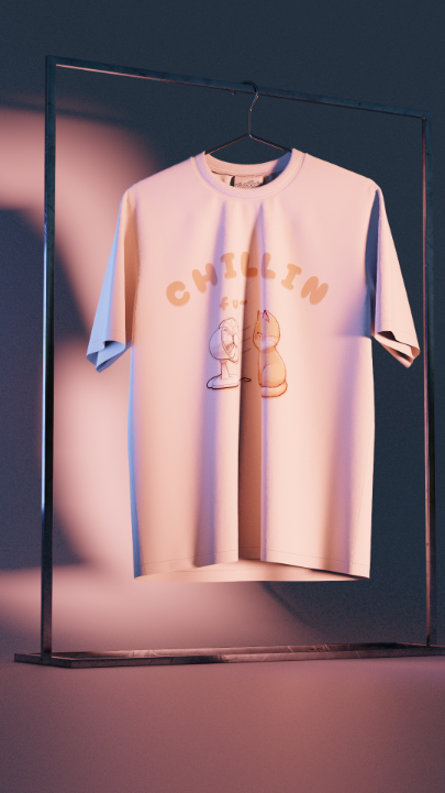 Light pink t-shirt with 'Chillin' graphic on a hanger against a dark background