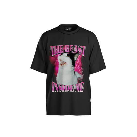 Black t-shirt with a cat graphic and text 'The Beast Inside Me' on a white background