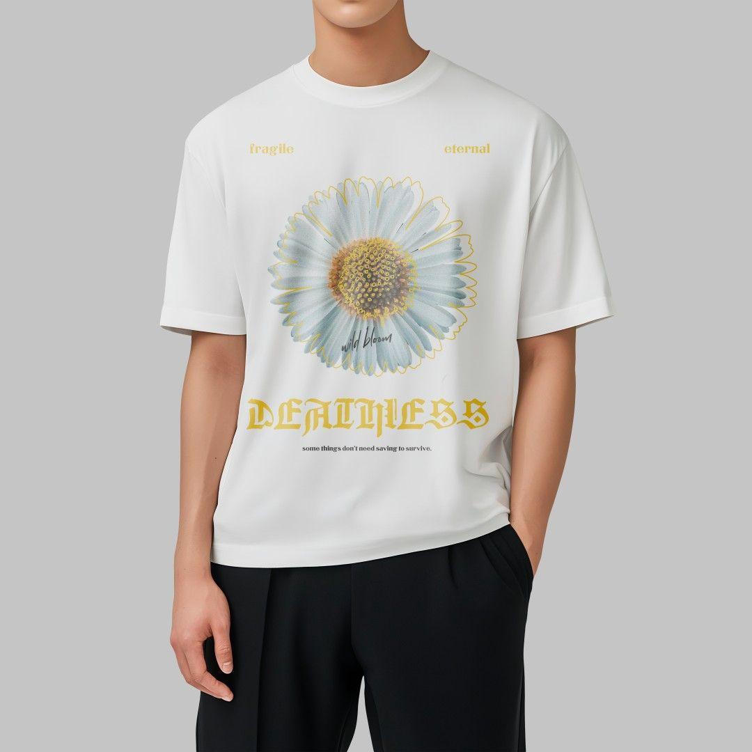 white oversized tee with deahtless written under a daisy flower 