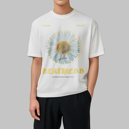 white oversized tee with deahtless written under a daisy flower 