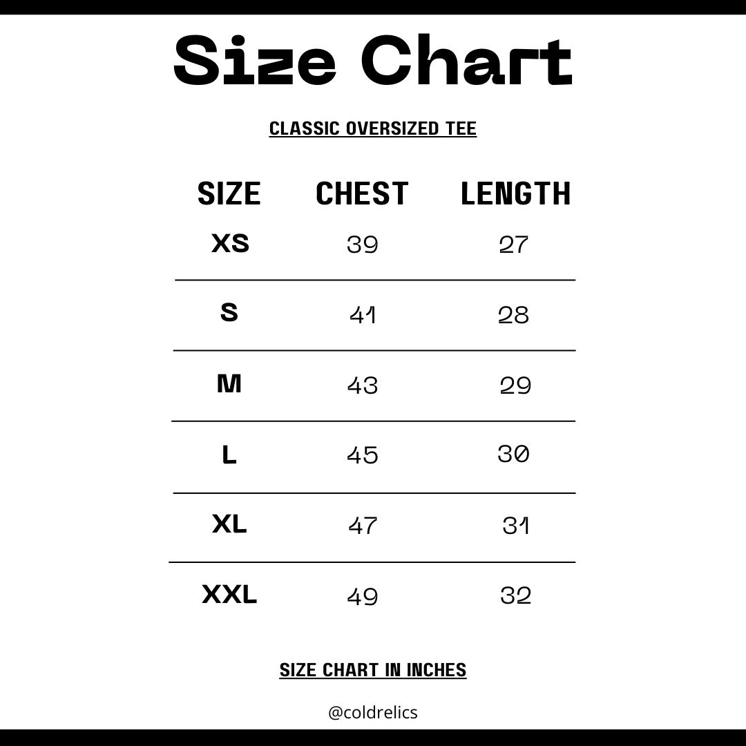 Size chart for a classic oversized tee in inches