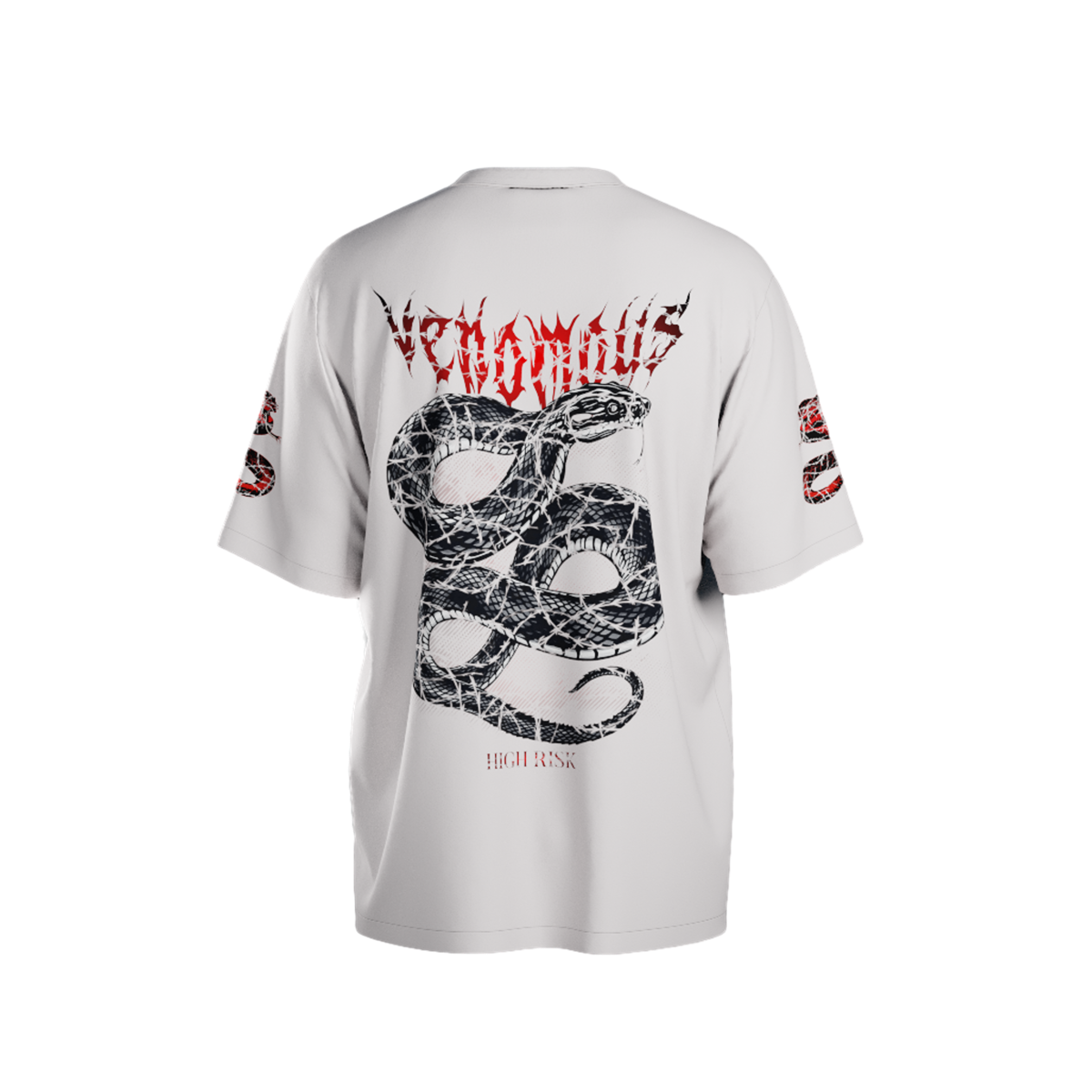 White t-shirt with snake design and 'Venomous' text on a white background