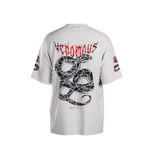 White t-shirt with snake design and 'Venomous' text on a white background