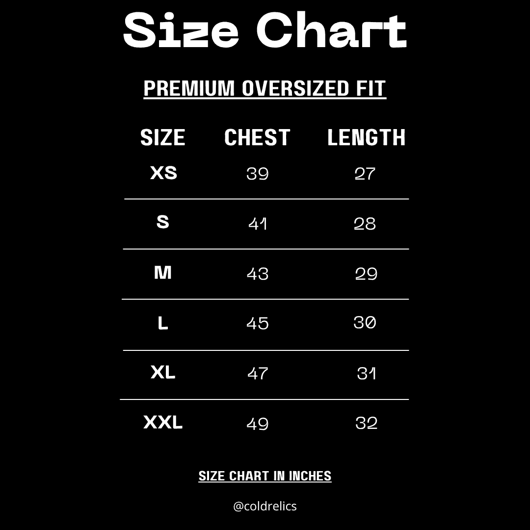 Size chart for Venomous Heavyweight Oversized Tee showing chest and length in inches from XS to XXL. Premium oversized streetwear fit.