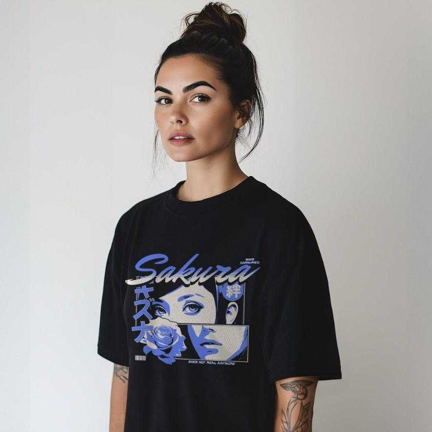Girl wearing a black ovesized t-shirt with a graphic design and text 'SAKURA'