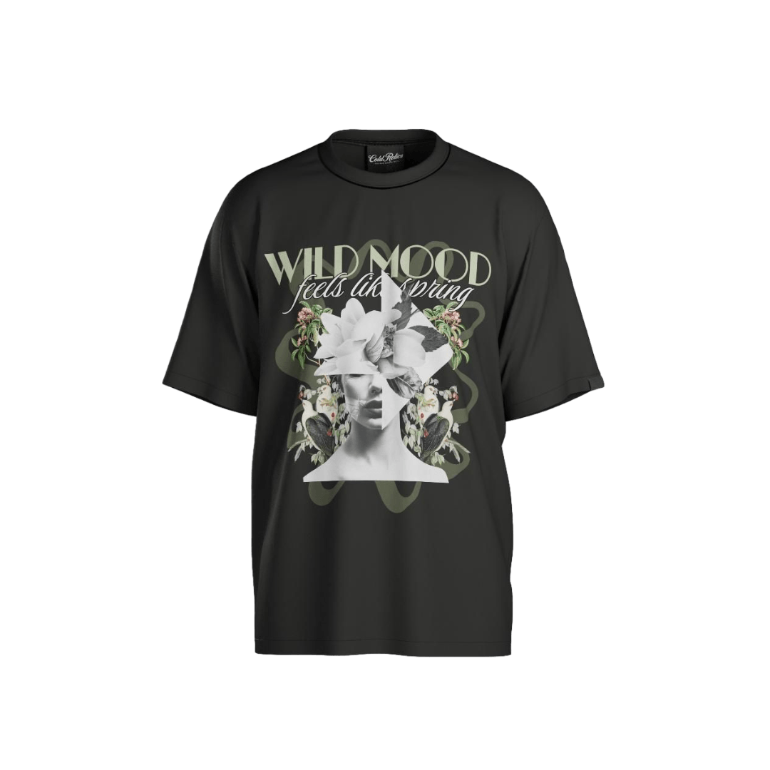 Black t-shirt with graphic design and text on a solid background