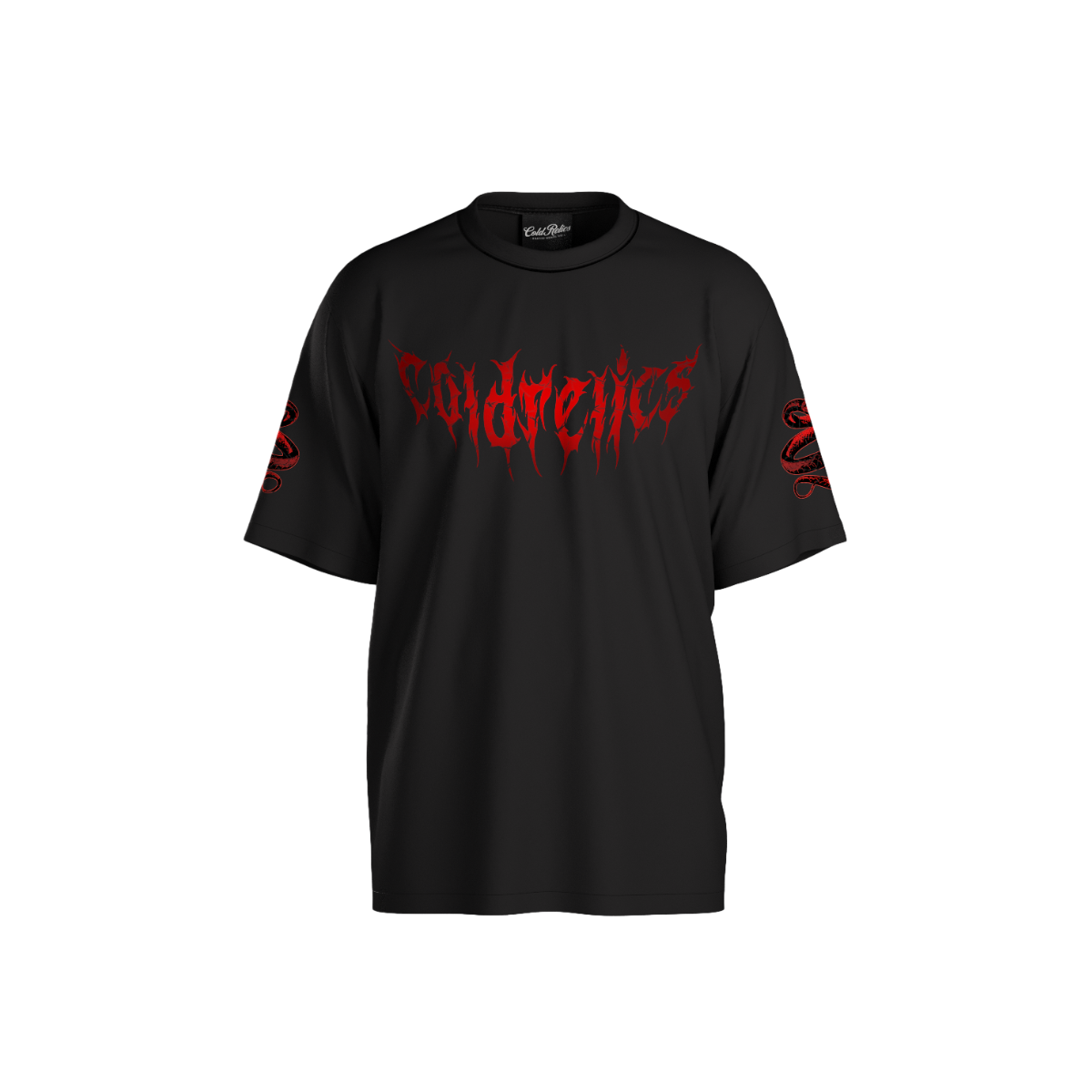 Black t-shirt with red text on a white background