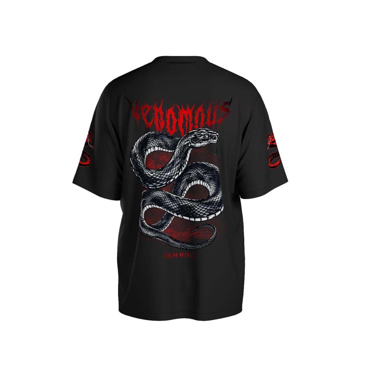 Black t-shirt with a snake design and 'Venomous' text on a white background