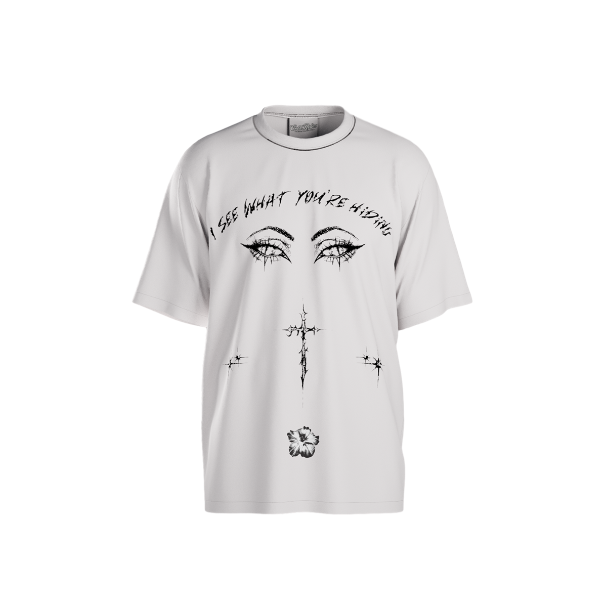 White t-shirt with black graphic design and text on a white background