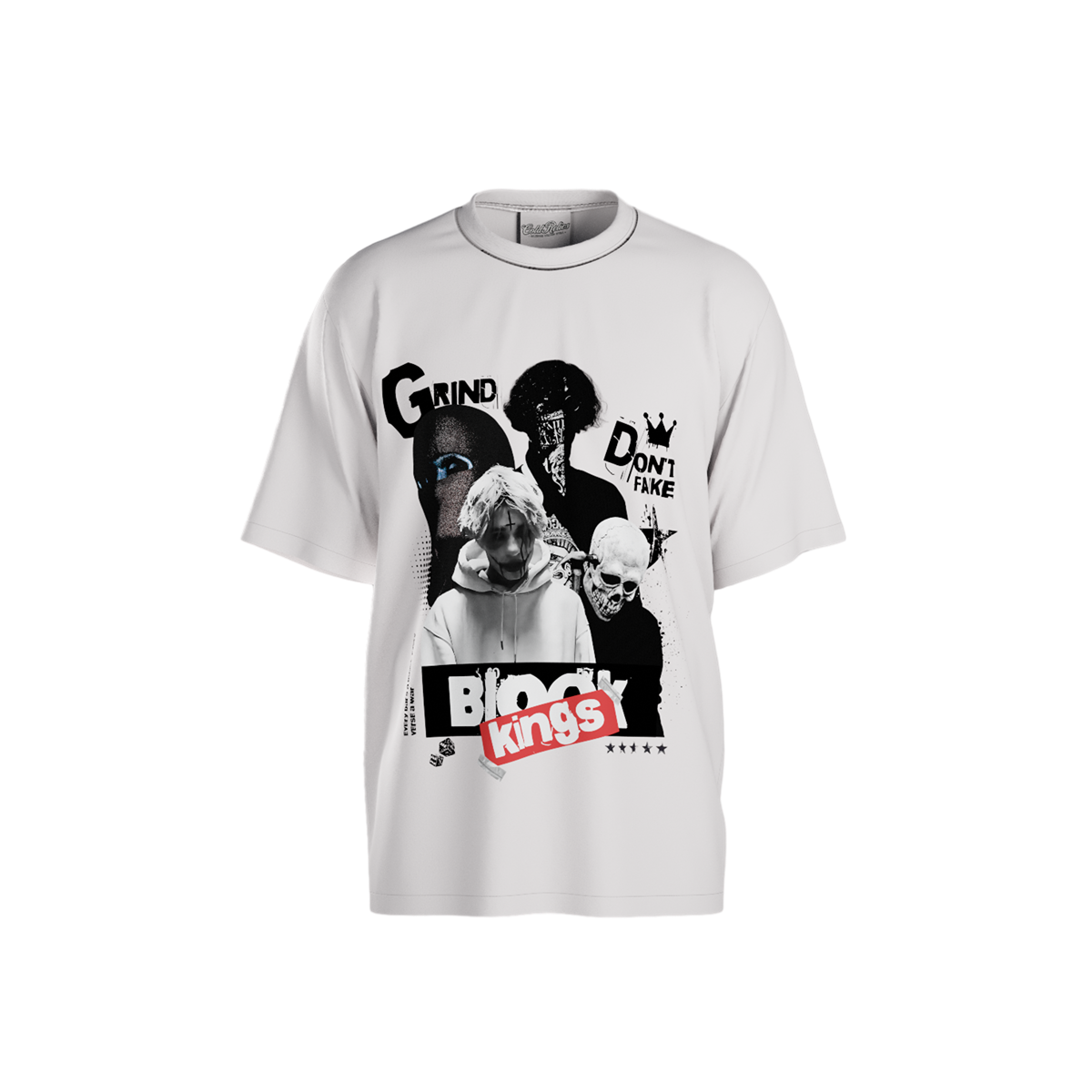 White t-shirt with graphic design featuring text and images on a white background