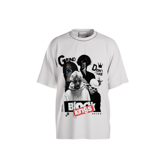 White t-shirt with graphic design featuring text and images on a white background