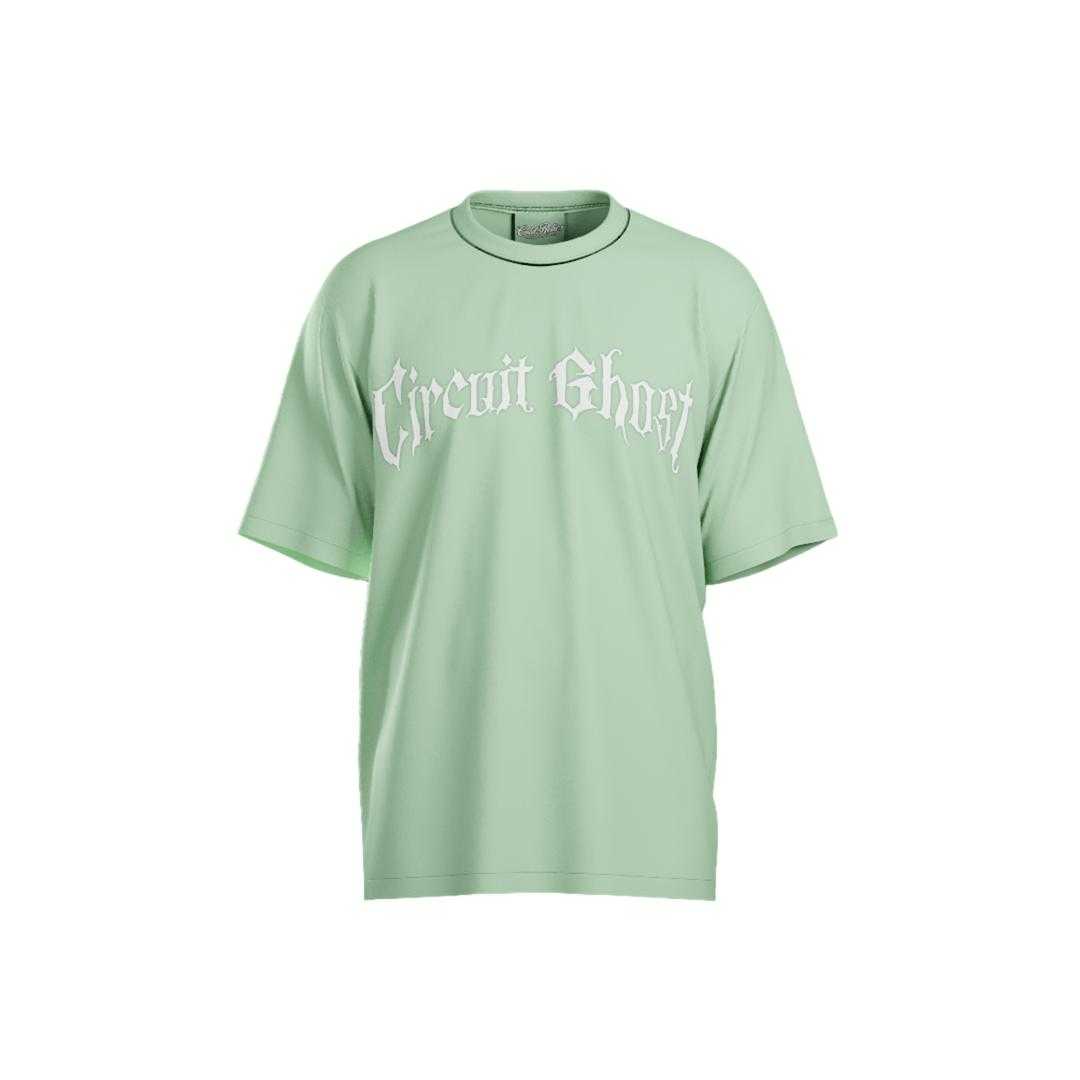 Light green t-shirt with 'Circuit Ghost' text on a white background