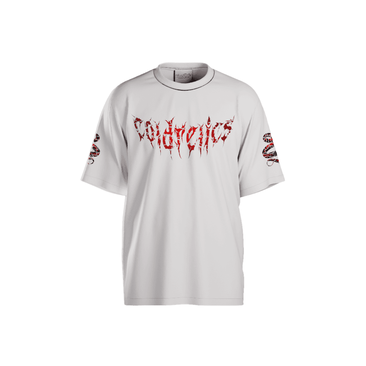 White t-shirt with red text on a solid background