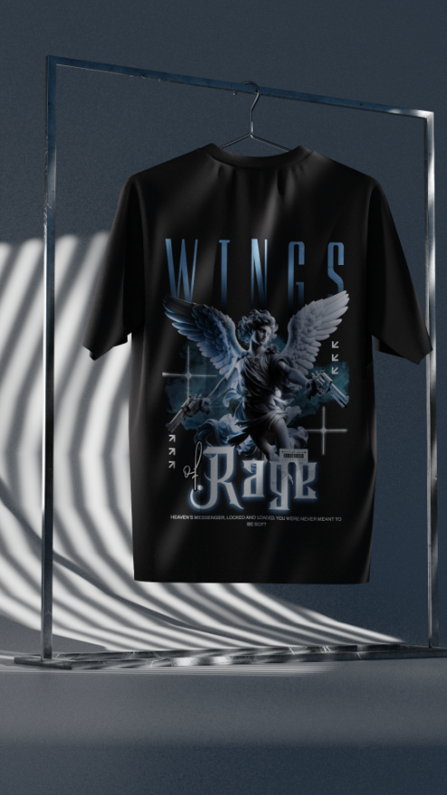 Black t-shirt with 'Wings of Rage' graphic design on a hanger against a dark background