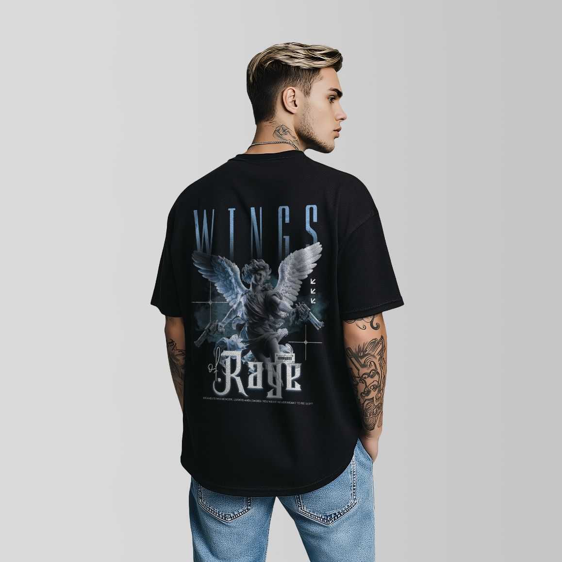 Person wearing a black t-shirt with 'Wings of Rage' design on the back, standing against a plain background.