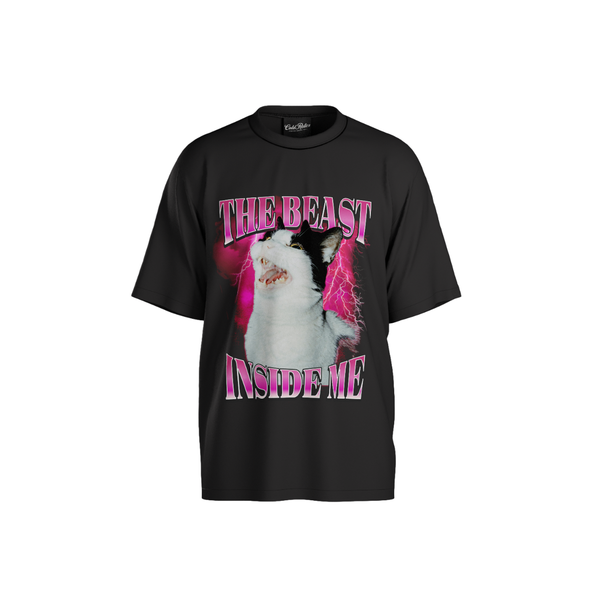 Black t-shirt with a cat graphic and text 'The Beast Inside Me' on a white background