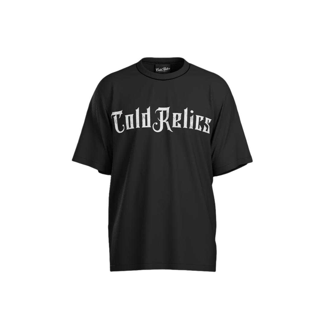 Wings of Rage Oversized Tee in black with bold 'ColdRelics' gothic text on front. Heavyweight pure cotton streetwear t-shirt made in India.